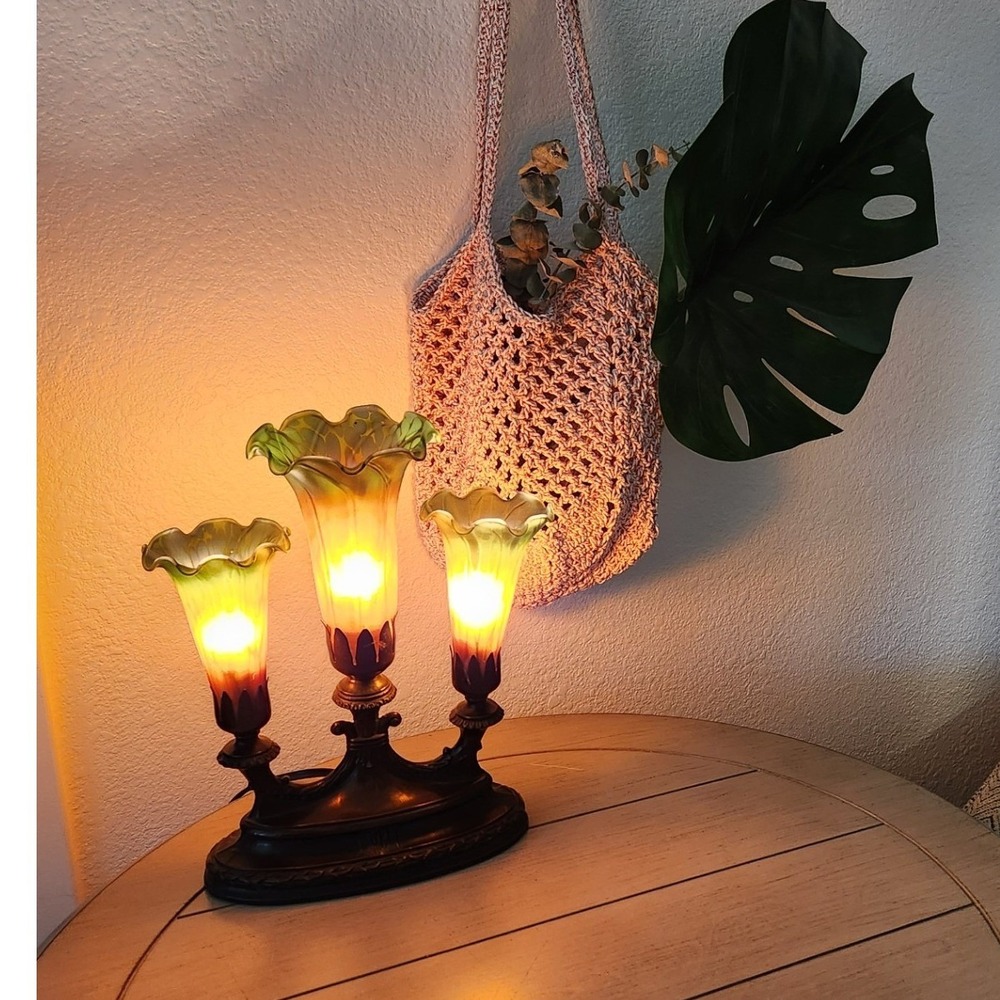 Vintage 3 Light Lily Table Lamp Amber Green Glass Shades Heavy Base
